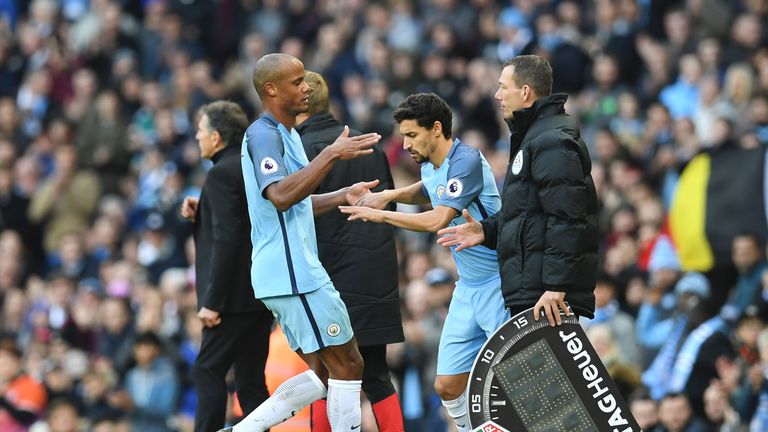 Vincent Kompany is replaced by Jesus Navas during the 2nd half against Southampton