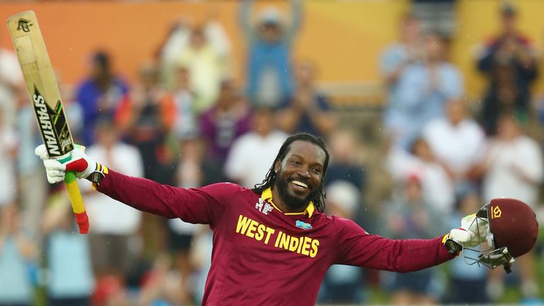 CANBERRA, AUSTRALIA - FEBRUARY 24:  Chris Gayle of West Indies celebrates his double century during the 2015 ICC Cricket World Cup match between the West I