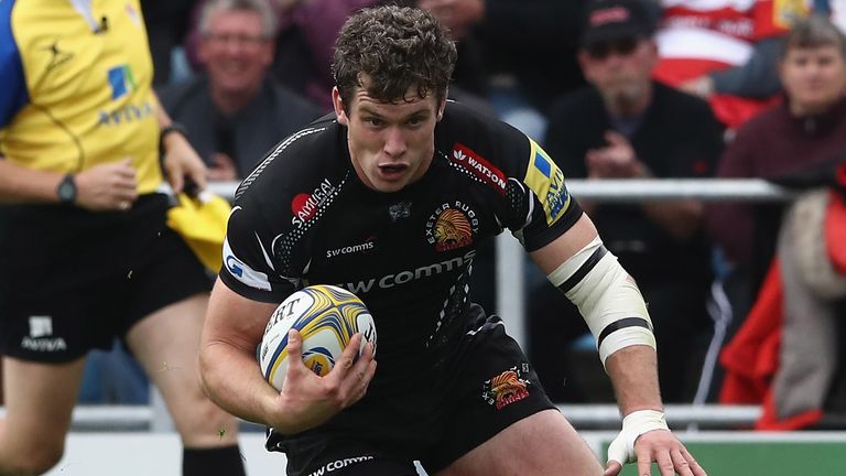 Ian Whitten of Exeter scores their second try during the Aviva Premiership match with Gloucester