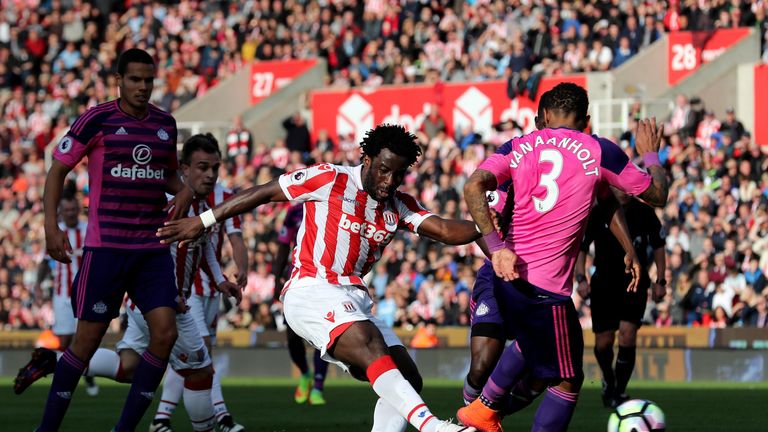 STOKE ON TRENT, ENGLAND - OCTOBER 15: Wifried Bony of Stoke City (C) shoots during the Premier League match between Stoke City and Sunderland at Bet365 Sta