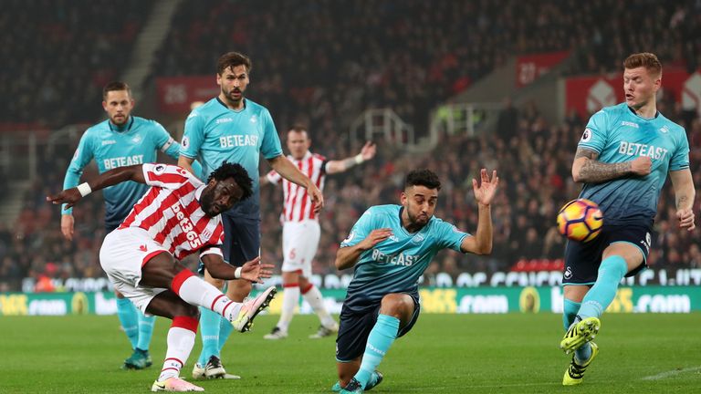 Stoke City's Wilfried Bony has a shot during the Premier League match at the Bet365 Stadium, Stoke.