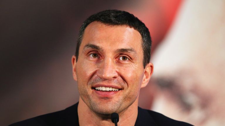 Wladimir Klitschko speaks during head to head press conference at Manchester Arena
