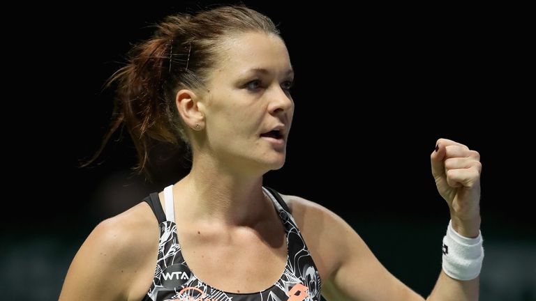 Agnieszka Radwanska of Poland celebrates victory in her singles match against Karolina Pliskova of Czech Republic