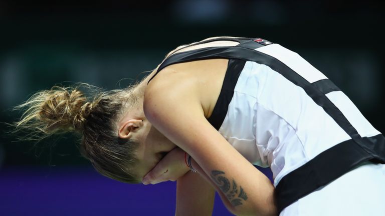 SINGAPORE - OCTOBER 26:  Karolina Pliskova of Czech Republic reacts in her singles match against Svetlana Kuznetsova of Russia during day 4 of the BNP Pari