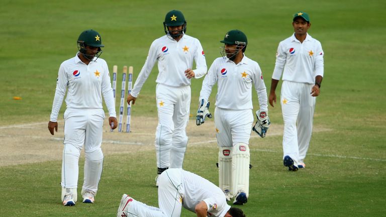 Yasir Shah celebrates taking 100 wickets in just 17 Tests