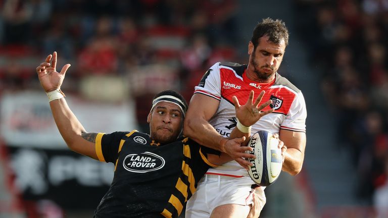 Yoann Maestri of Toulouse beats Hughes to the lineout ball