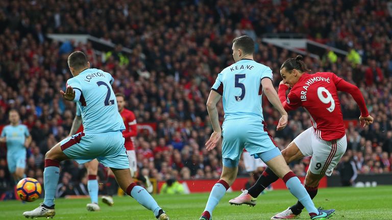 Zlatan Ibrahimovic of Manchester United shoots at goal during the Premier League match between Manchester United and Burnley