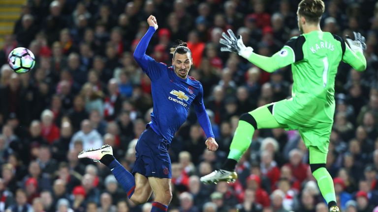 Zlatan Ibrahimovic misses a chance to head past Loris Karius during the match at Anfield