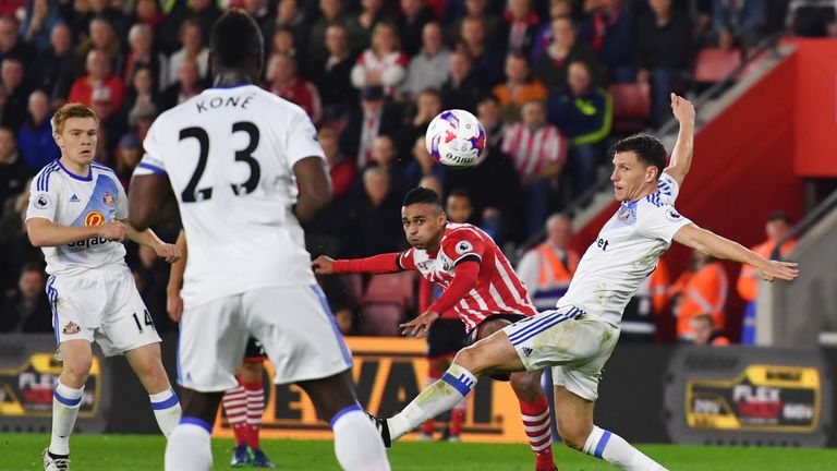 Sofiane Boufal of Southampton (C) scores his side's first goal during the EFL Cup fourth round match between Southampton