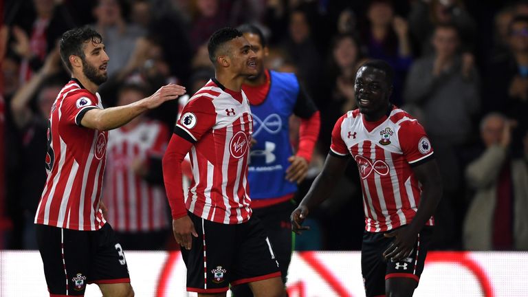 Sofiane Boufal of Southampton (C) celebrates scoring his sides first goal with Sam McQueen v Sunderland in the EFL Cup fourth round
