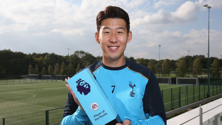 Son Heung-min poses for a portrait after being named Premier League Player Of The Month for September at Tottenham Hotspur Training Cente