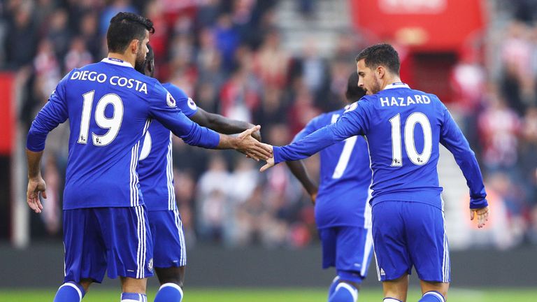 Diego Costa and Eden Hazard celebrate Chelsea's first goal at Southampton