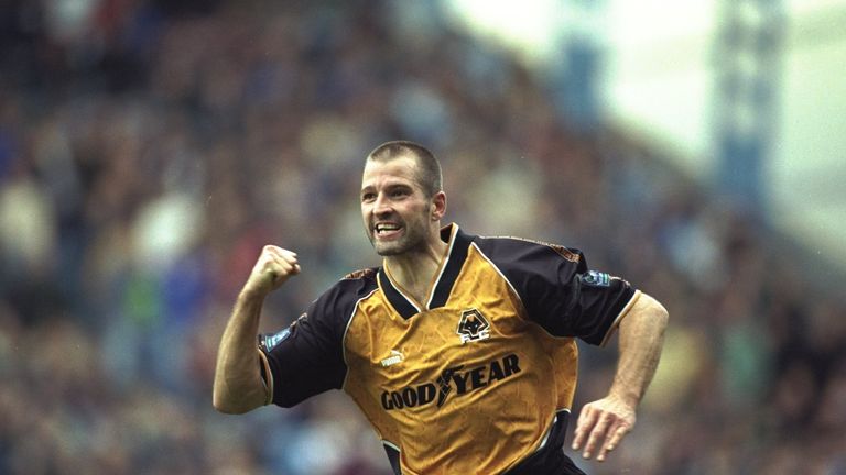 26 Oct 1996:  Steve Bull of Wolverhampton Wanderers celebrates his goal during a Nationwide League Division One match against Manchester City at Maine Road