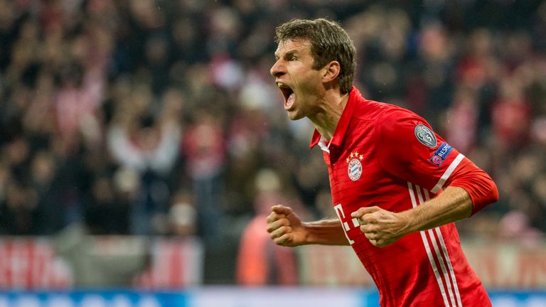 Bayern Munich forward Thomas Muller celebrates