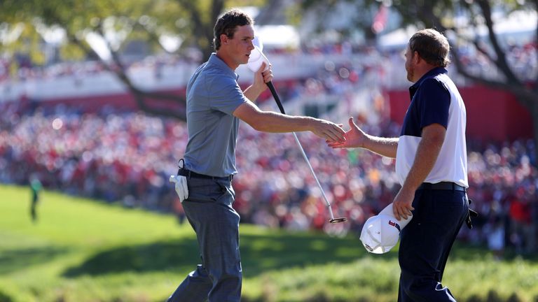 Europe's Thomas Pieters (left) celebrates beating USA's JB Holmes 