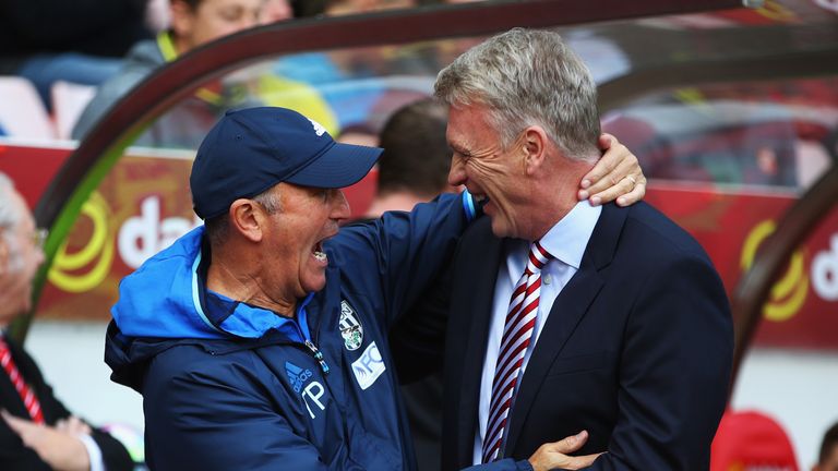 West Brom boss Tony Pulis greets Sunderland counterpart David Moyes ahead of kick-off