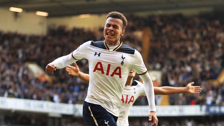 Dele Alli celebrates scoring Tottenham's second goal at White Hart Lane