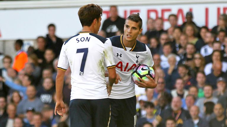 Son Heung-Min and Erik Lamela dispute who should take a penalty kick for Tottenham