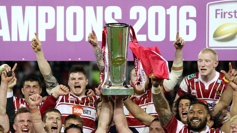 Wigan Warriors celebrate winning the Super League Grand Final