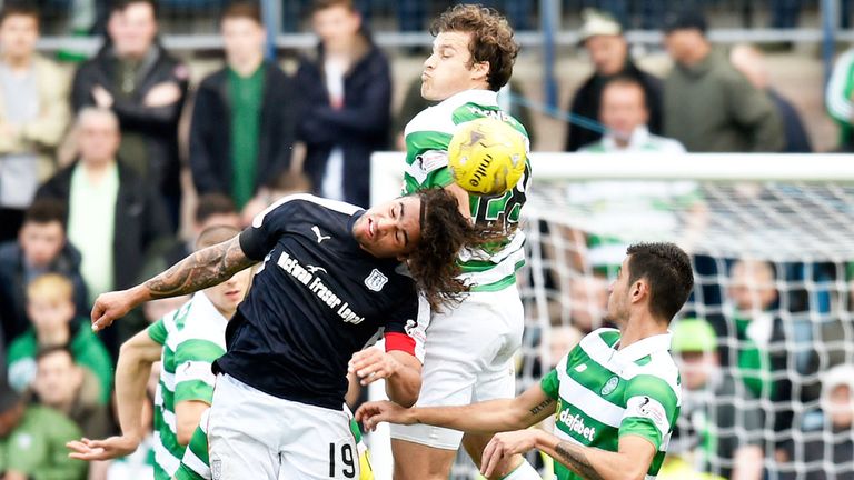 Dundee striker Yordi Teijsse is challenged by Celtic defender Eriik Sviatchenko at Dens Park