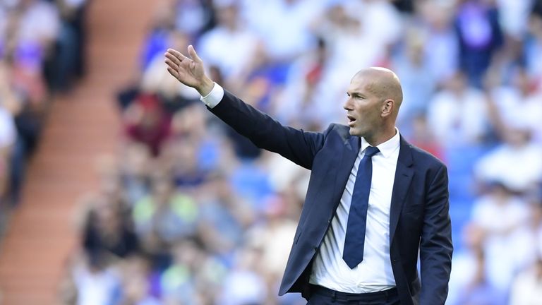 Real Madrid's French coach Zinedine Zidane gestures during the Spanish league football match Real Madrid CF vs SD Eibar at the Santiago Bernabeu stadium in