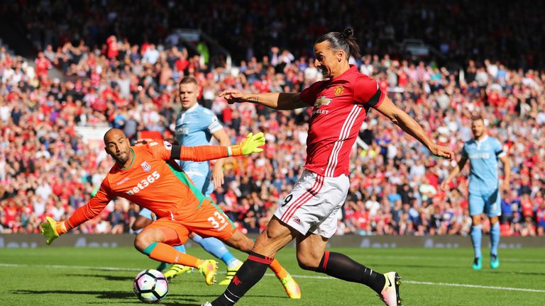 Lee Grant denies Zlatan Ibrahimovic an early opener in the Premier League clash between Manchester United and Stoke
