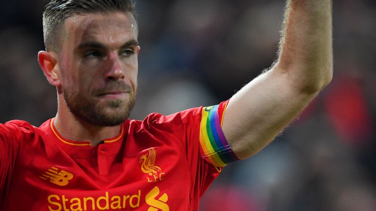 Liverpool's Jordan Henderson wearing a rainbow captain's armband during the Premier League match v Sunderland at Anfield, Liverpool