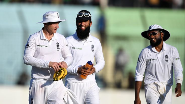 Gareth Batty, Moeen Ali and Adil Rashid during a tour match between a Bangladesh Cricket Board XI and England