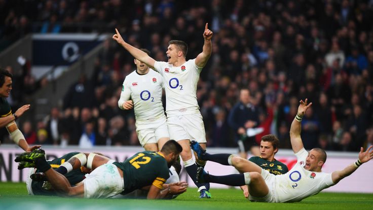 Courtney Lawes (obscured) scores England's second try against South Africa