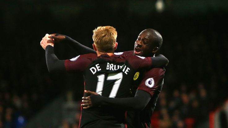 Yaya Toure celebrates with Manchester City team-mate Kevin de Bruyne