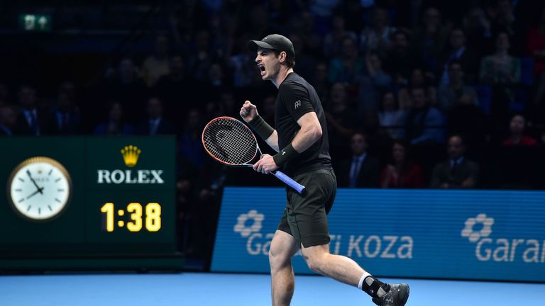 Britain's Andy Murray celebrates winning the men's singles final against Serbia's Novak Djokovic, ATP World Tour Finals