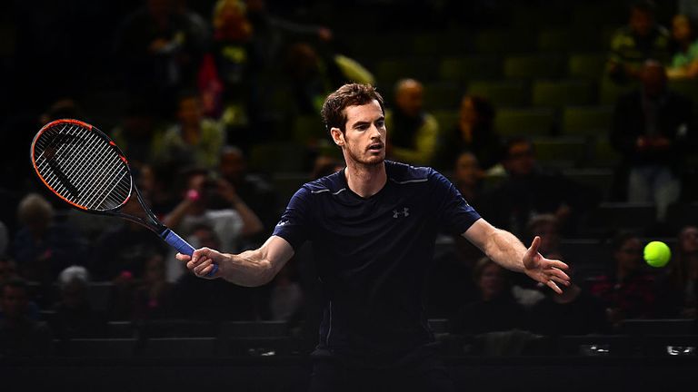 PARIS, FRANCE - NOVEMBER 05:  Andy Murray of Great Britain warms up prior to his Mens Singles semi final match against Miloa Raonic of Canada on day six of