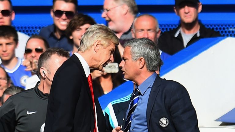 Managers Arsene Wenger of Arsenal and Jose Mourinho of Chelsea clash during the Barclays Premier League match at Stamford Bridge, 5 October 2014