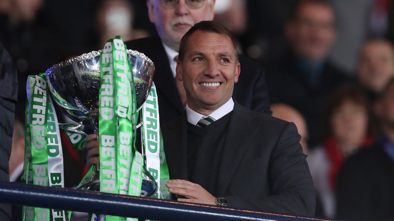 Celtic manager Brendan Rogers lifts the Betfred Cup