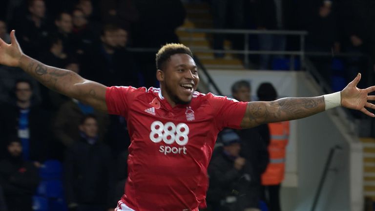 Britt Assombalonga goal celeb, Sky Bet Championship, Ipswich v Nottingham Forest (screengrab)