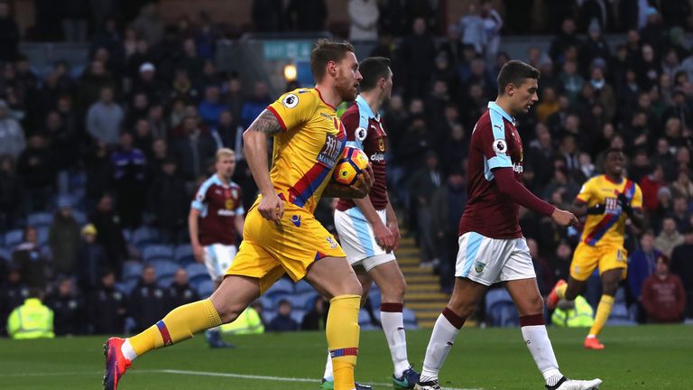 Connor Wickham of Crystal Palace celebrates scoring his side's first goal during the Premier League match at Burnley