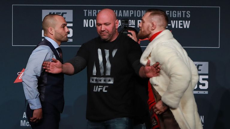 NEW YORK, NY - NOVEMBER 10:  UFC president seperates Eddie Alvarez and Conor McGregor during the UFC 205 press conference at The Theater at Madison Square 