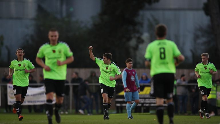 Curzon Ashton's Adam Morgan celebrates scoring the equalizing goal during the Emirates FA Cup, First Round match v Westfields at allpay.park, Hereford