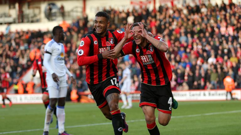 Dan Gosling of AFC Bournemouth (R) celebrates scoring his side's first goal v Sunderland with his team-mate Joshua King