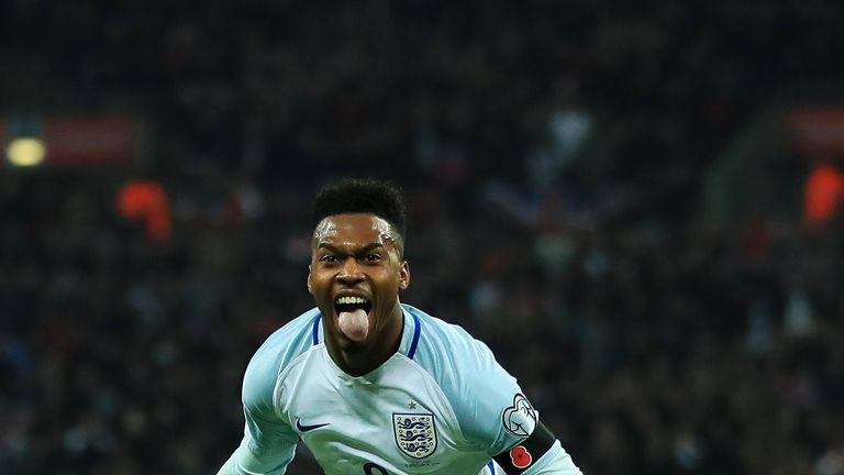 Daniel Sturridge of England (9) celebrates as he scores their first goal during the FIFA 2018 World Cup qualifying match v Scotland