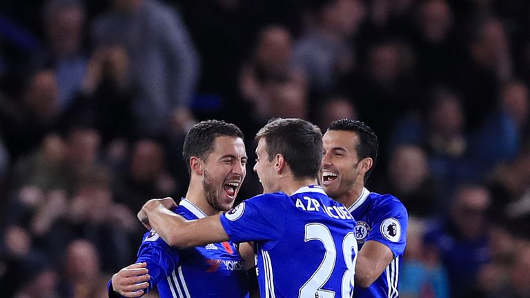 Chelsea's Eden Hazard celebrates scoring his side's fourth goal of the game during the Premier League match v Everton at Stamford Bridge