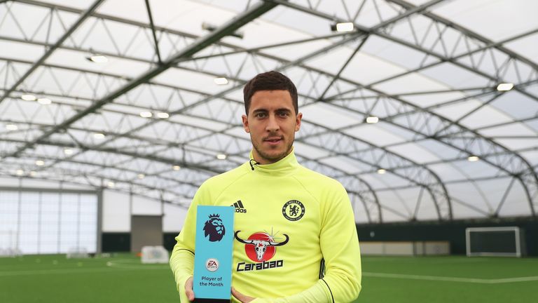 Eden Hazard of Chelsea is awarded the October Player of the Month at the Chelsea Training Ground in Cobham