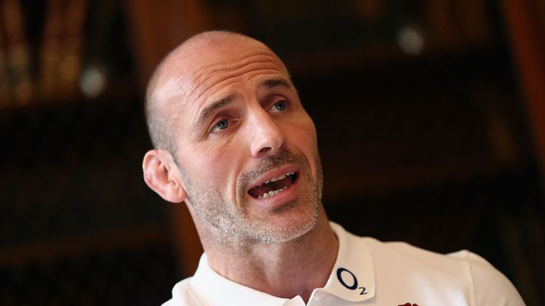 Paul Gustard, the England defence coach faces the press during the England media session held at Pennyhill Park on November 7