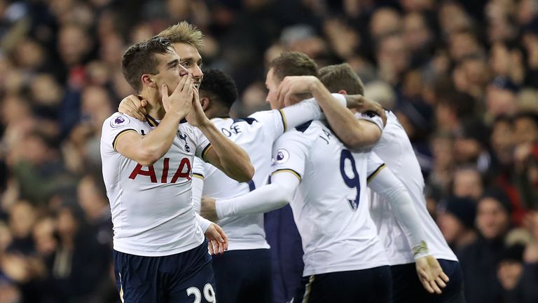 Tottenham Hotspur's Harry Winks celebrates scoring his side's first goal during the Premier League match v West Ham at White Hart Lane, London