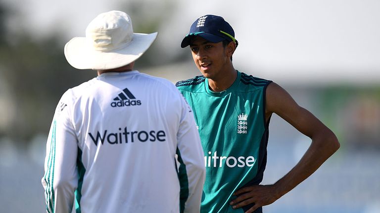Haseeb Hameed of England speaks with coach Trevor Bayliss during a nets session at Zohur Ahmed Chowdhury Stadium in Chittagong