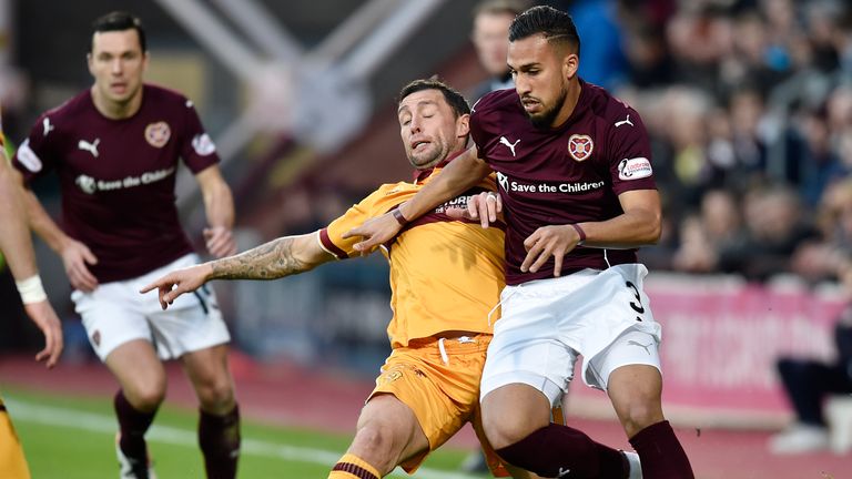 Faycal Rherras and Scott McDonald compete for the ball