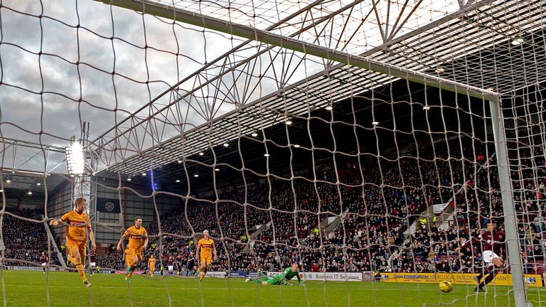 Bjorn Johnsen nets the first of his two goals at Tynecastle