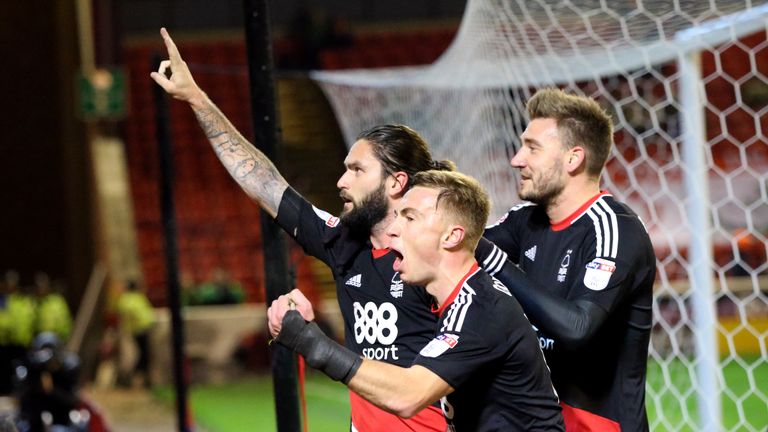 Nottingham Forest's Henri Lansbury celebrates scoring his side's fifth goal of the game to complete his hat trick at Barnsley, Sky Bet Championship