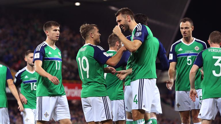 Jamie Ward celebrates scoring Northern Ireland's third goal of the game during the 2018 FIFA World Cup Qualifying match v San Marino at Windsor Park