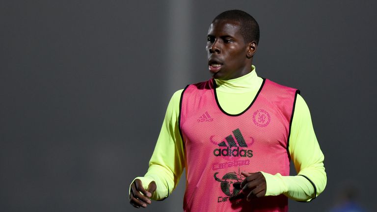 Kurt Zouma of Chelsea warms up before the Premier League 2 match between Everton U21s and Chelsea U21s at Haig Avenue Stadium